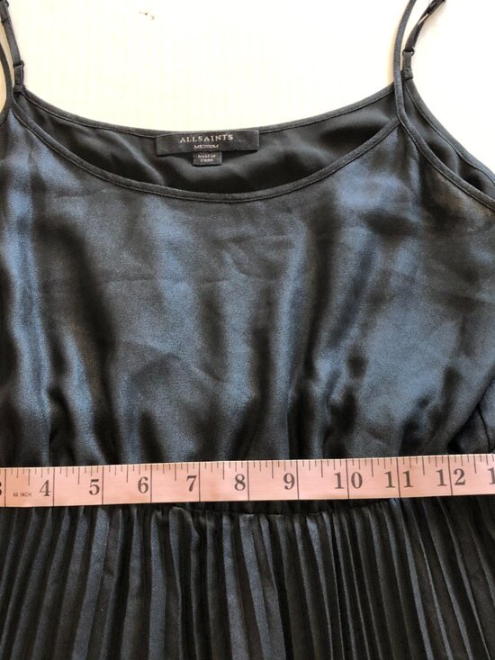 All Saints Lerin Women Black Asymmetric Midi Maxi Dress Size M Pleated Metallic - Picture 13 of 14